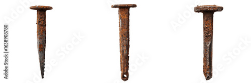 Three Rusty Nails on Isolated White Background for Industrial Use