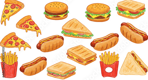 Colorful cartoon illustration of various fast food items, including pizza, burgers, sandwiches, hot dogs, and french fries.