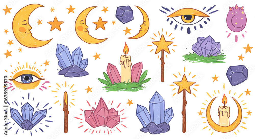 Fototapeta premium Whimsical illustration featuring celestial elements, crystals, candles, and magic wands, all arranged in a decorative style.