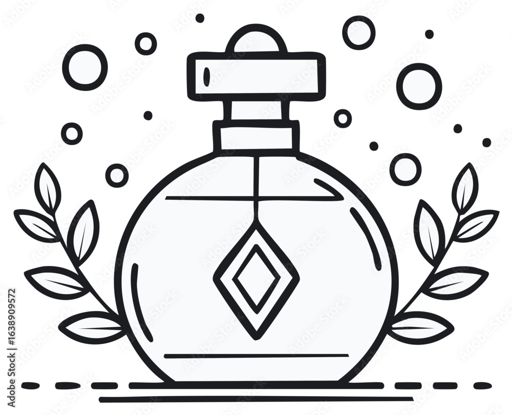 Obraz premium Mystical round potion bottle with a crystal pendant and botanical sprigs line art