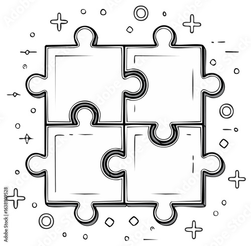 Doodle illustration of a four piece jigsaw puzzle for teamwork and solution concepts