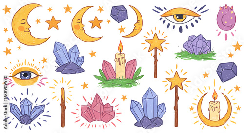 Whimsical illustration featuring celestial elements, crystals, candles, and magic wands, all arranged in a decorative style.