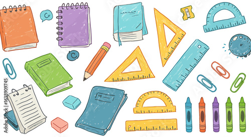 Colorful illustration of school supplies including notebooks, rulers, pencils, crayons, erasers, and paper clips scattered across a white background.