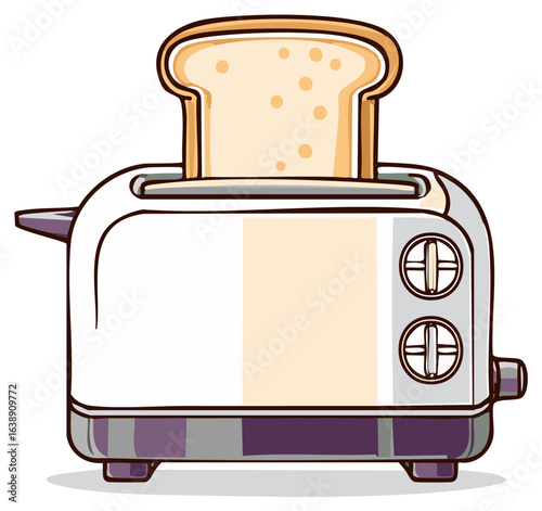 Simple cartoon illustration of a white toaster with a slice of golden brown toast popping up ready for breakfast