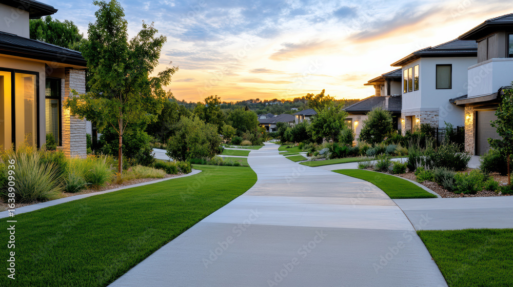 Fototapeta premium Serene twilight glow illuminates quiet suburban neighborhood, showcasing winding pathways