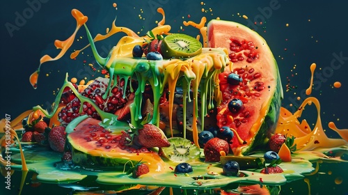 Surreal still life of colorful artificial food melting into a dark void, representing the paradox of modern diet culture, processed perfection, and the contrast between visual appeal,unhealthy reality