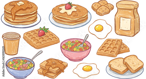 A collection of cartoon breakfast foods including pancakes, waffles, cereal, eggs, toast, and biscuits, arranged in a colorful and appetizing display.