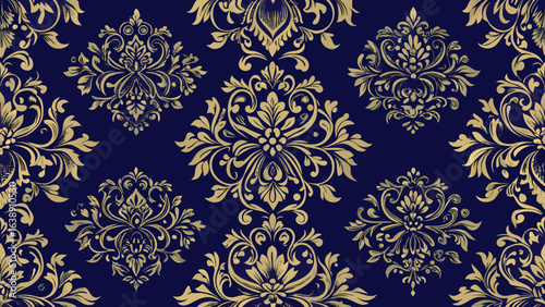 Golden damask floral pattern on dark navy blue background ornate