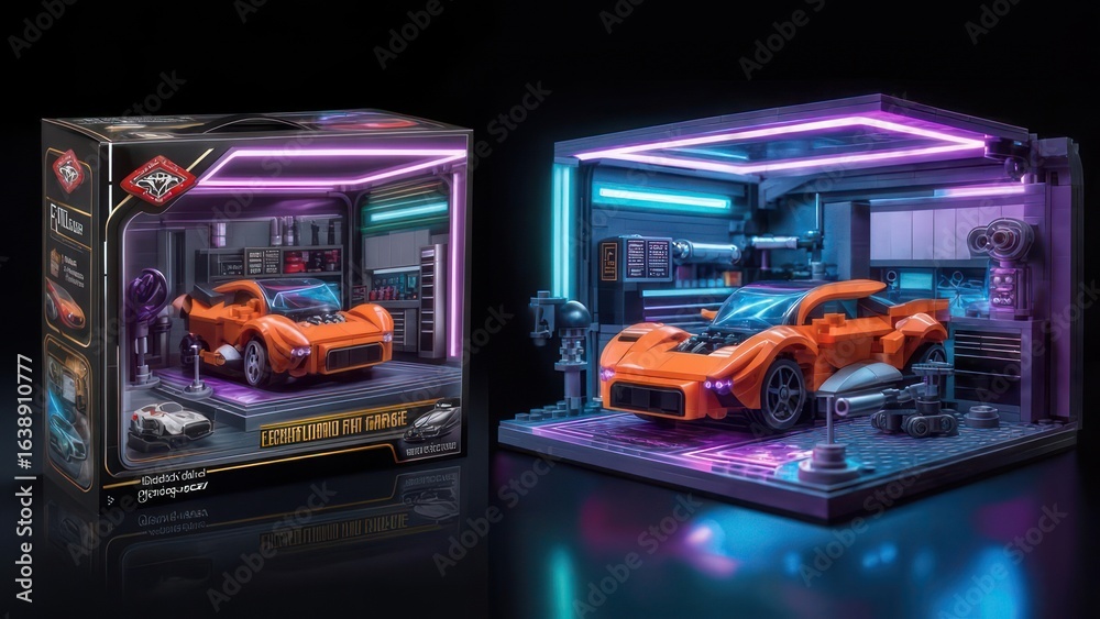Obraz premium Futuristic Orange Sports Car Lego Set in Neon-Lit Garage Diorama, Dark Background