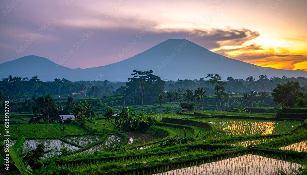 Naklejka premium sunset over a peaceful land full of rice fields, forests, and mountains