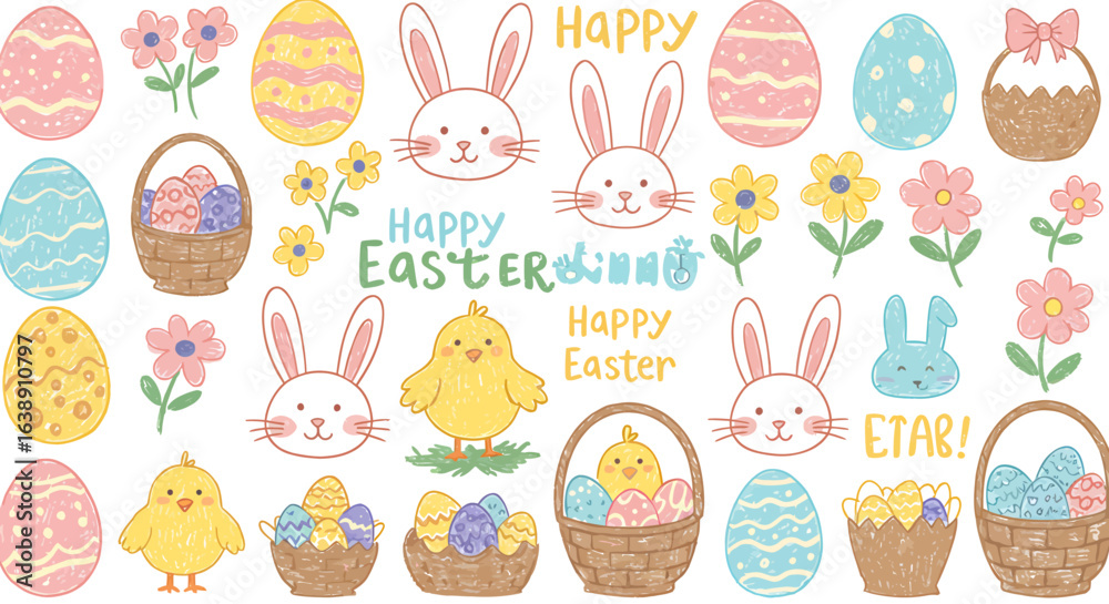 Fototapeta premium A collection of Easter-themed illustrations featuring decorated eggs, bunny faces, chicks, flower blossoms, and baskets filled with eggs, along with 