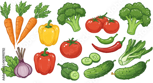 Vibrant hand-drawn illustrations of fresh vegetables including carrots, broccoli, peppers, tomatoes, cucumbers, and chili peppers.