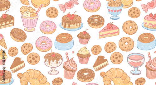 Delightful hand-drawn pattern featuring an assortment of sweet treats, including cakes, cookies, donuts, and ice cream sundaes.