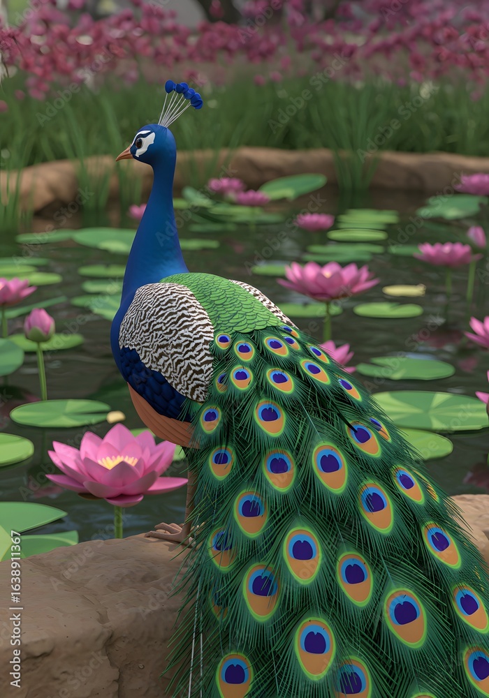 Obraz premium Majestic peacock displaying vibrant iridescent plumage beside a tranquil pond, its long tail fanned, amidst blooming pink lotus flowers, symbolizing natural beauty and elegance