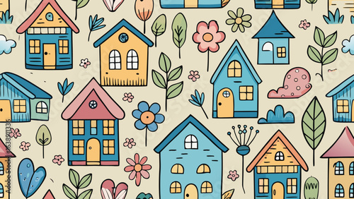 A whimsical pattern of colorful cartoon houses and flowers on a cream background home