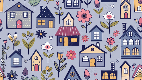 Whimsical hand drawn houses and flowers seamless pattern on lavender background home