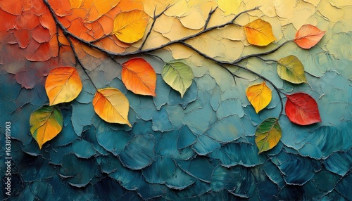 A colorful autumn leaf branch, oil paint style on textured canvas background. Use it for seasonal designs, arts and crafts or backdrops needs.