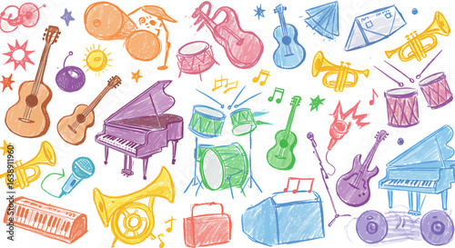 Colorful hand-drawn illustration featuring various musical instruments including guitars, pianos, drums, trumpets, and a microphone, arranged in a playful composition.