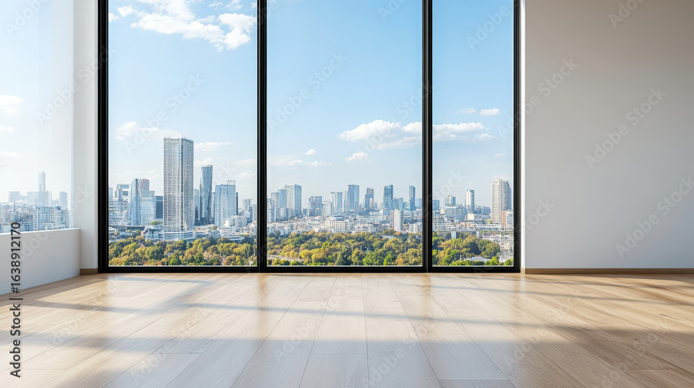 Fototapeta premium Modern apartment with skyline view, large windows, bright interior, and wooden floor