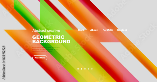 Vibrant geometric design. Diagonal stripes create dynamic visual effect. Text elements present portfolio information, call to action.