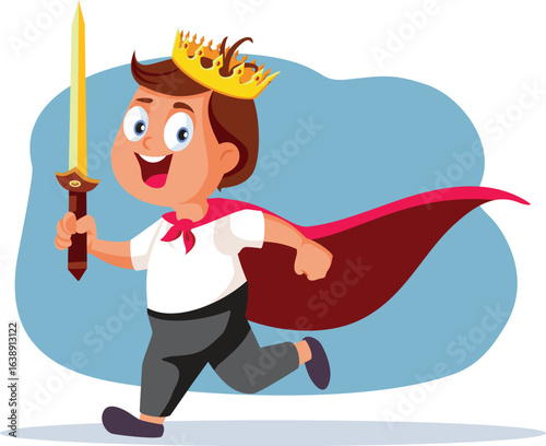 Boy Dressed as King Holding a Sword Vector Illustration. Happy kid playing independently with toys in make pretend game 
