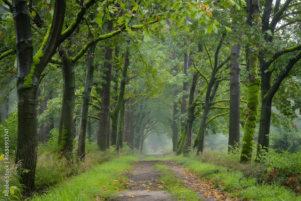 Fototapeta premium Path through a lush green forest with tall trees and dappled sunlight
