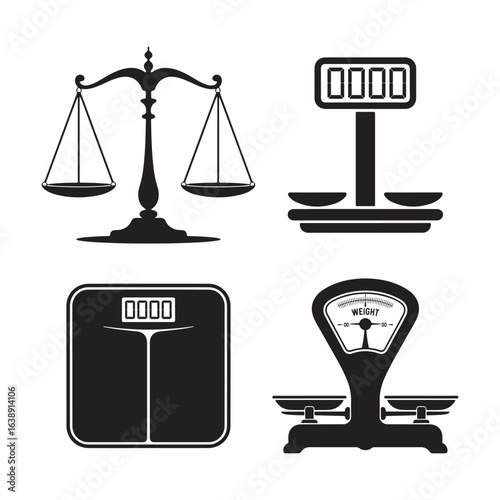 Collection of four different black silhouette weighing scales on white background