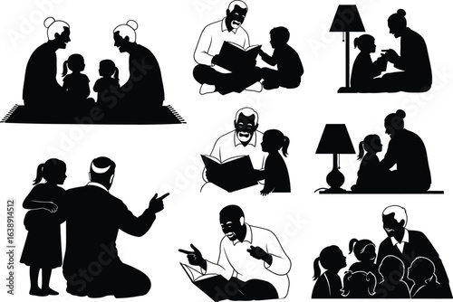 Grandparents day vector art of silhouette illustration of grandparents reading stories to their grandchildren isolated on white background vector bundle