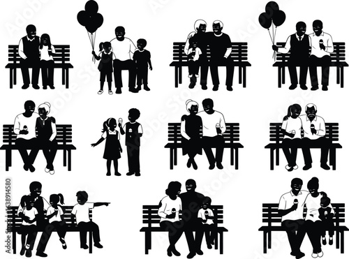 Grandparents day vector art of silhouette of families sitting on a bench in the park enjoying quality time together isolated on white background vector bundle