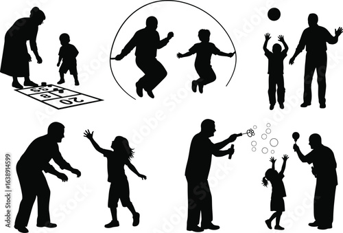 Grandparents day vector art of silhouette of grandparents and grandchildren playing games and having fun isolated on white background vector bundle