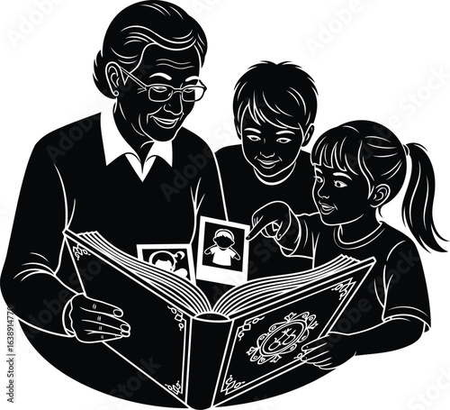 Grandparents day vector art of a grandparent shares cherished memories with their grandchildren, reading an album isolated on white background vector bundle