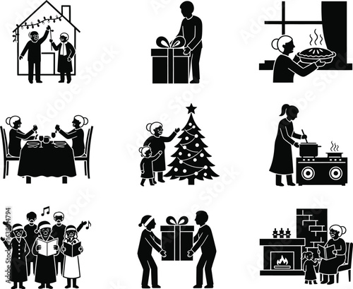 Grandparents day vector art of festive christmas celebration with family and friends, sharing gifts, singing carols, and enjoying a warm dinner isolated on white background vector bundle