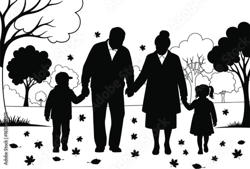 Grandparents day vector art of a silhouette of a family walking in the park during autumn, isolated on white background vector bundle