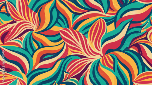 Abstract wavy lines pattern in red teal yellow and cream colors background