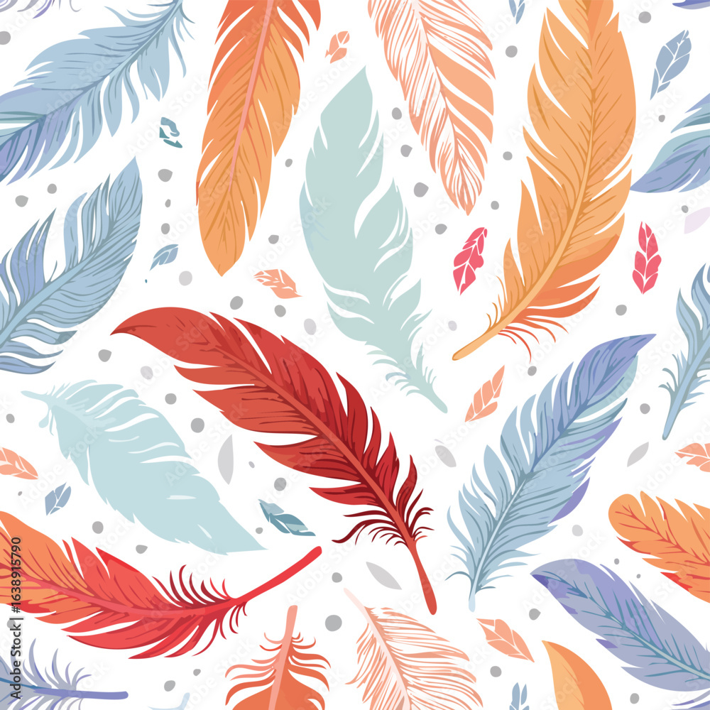 Obraz premium Seamless pattern of colorful feathers in pastel shades on white background texture
