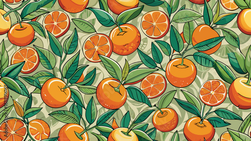 Vibrant orange fruit and green leaves pattern illustration with stylized segments citrus