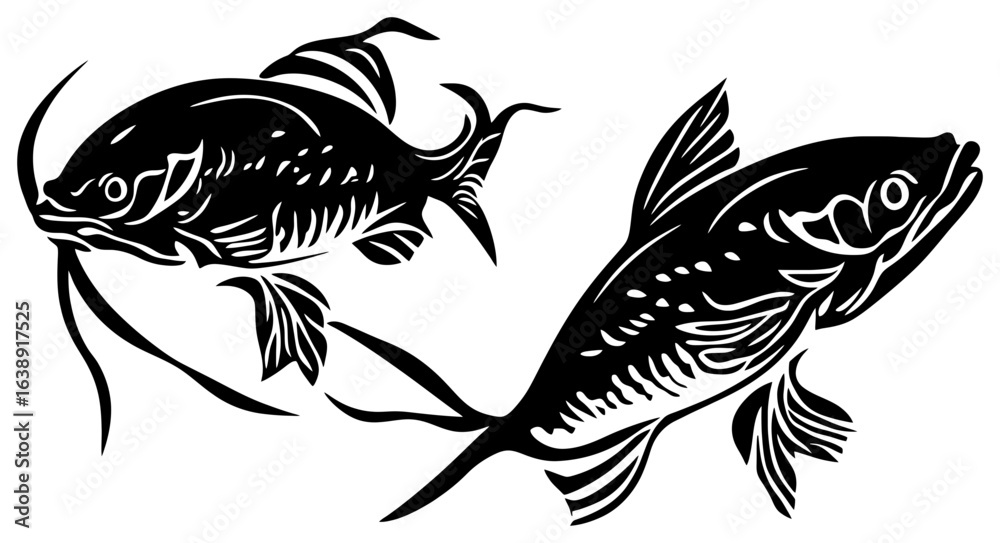 Naklejka premium Silhouette of a Catfish Group Gathering in Murky Depths