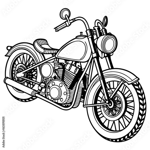 Classic custom cruiser motorcycle, vector line art illustration
