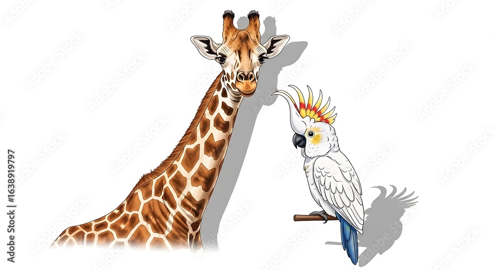 Fototapeta premium Illustrated Giraffe and Cockatoo: A Whimsical Wildlife Duo on White Background