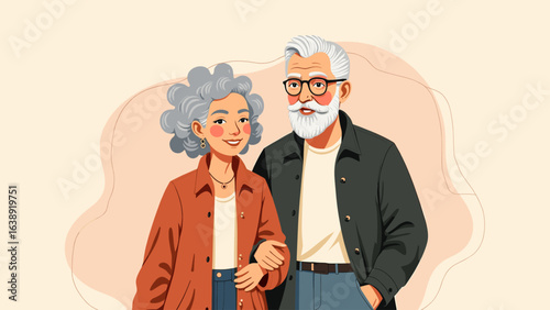 Happy senior couple illustration: Elderly man and woman smiling together, symbolizing love, companionship, and a fulfilling life.