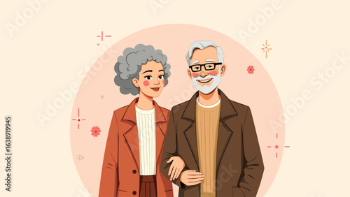 Happy senior couple illustration: man and woman embracing, symbolizing love, companionship, and graceful aging.