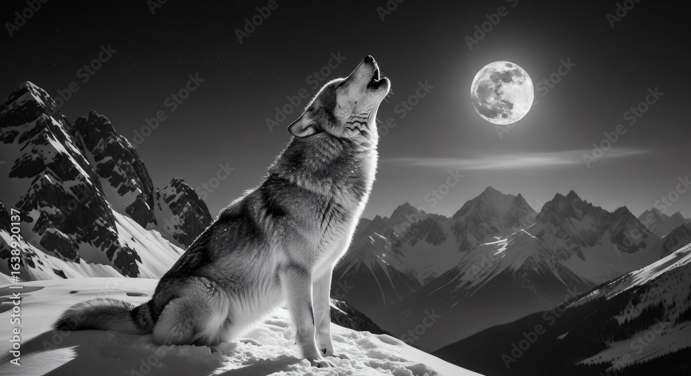 A majestic wolf sits on a snowy mountain peak, howling at the bright full moon in a dramatic black and white landscape. A majestic wolf sits on a snowy mountain peak, howling at the bright full moon in a dramatic black and white landscape.