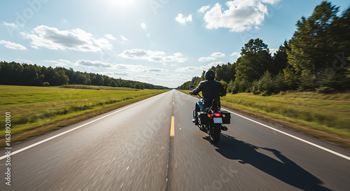 Motorcycle riding on empty highway, enjoying a fun road trip journey and touring adventure