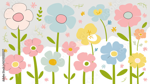 Soft Pastel Flowers Illustration: Gentle Blooms in Pink, Blue, and Yellow for Spring and Childlike Designs