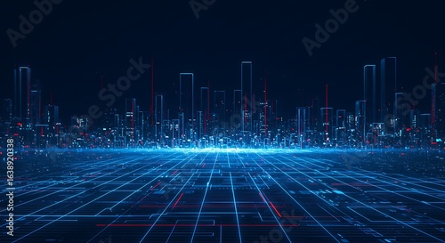 Fototapeta Naklejka Na Ścianę i Meble -  Futuristic virtual city skyline glowing with blue and red lights over a digital grid floor.