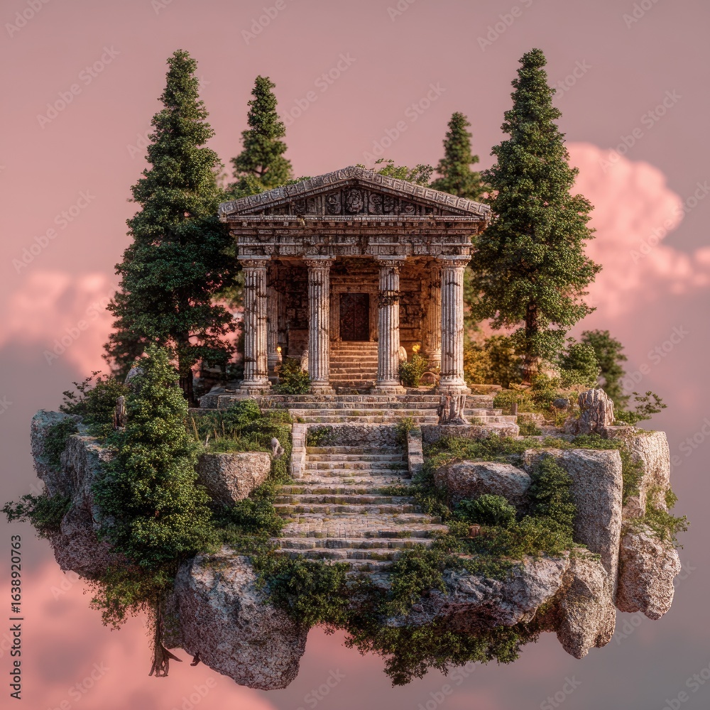Fototapeta premium Temple, island, sunset, forest, clouds, sky, 3D render, fantasy, artwork, game