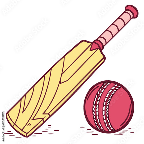A cricket bat and ball sit in grass, a simple illustration. This image is being uploaded to Adobe Stock as a vector graphic.

Cricket bat and ball vector graphic on grass.