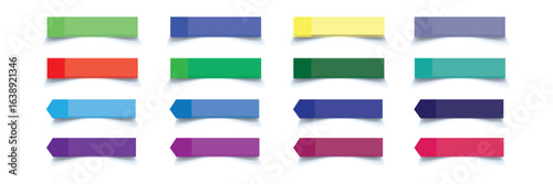 Set of long thin paper stickers. Pointed bookmarks. Stick in notes. Green, purple, blue, red, yellow, orange, sky, pink pastel colors. Multicolor post it notes. Sheets of paper. Tag, sticky note.