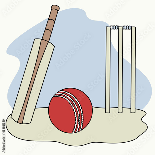 Cricket Equipment Illustration: Bat, Ball, and Wickets. Cricket equipment displayed, including a bat, ball, and wickets. An illustration with a red ball in front of the wickets and bat.



