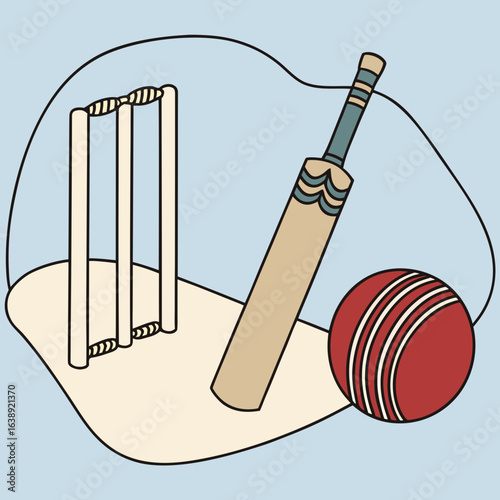 Cricket Equipment Illustration: Bat, Ball, and Wickets. Cricket equipment displayed, including a bat, ball, and wickets. An illustration with a red ball in front of the wickets and bat.



